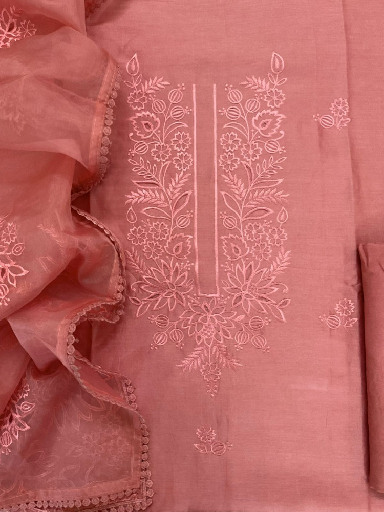 Image of Pure Chanderi Embroidered Suit - Peach