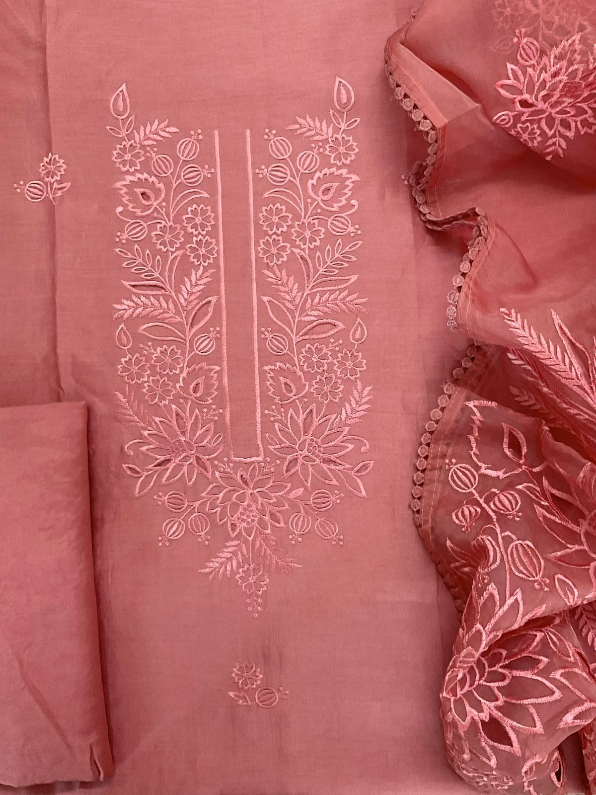 Pure Chanderi Embroidered Suit - Peach