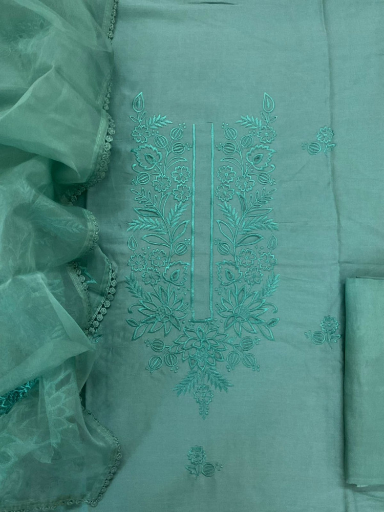 Image of Pure Chanderi Embroidered Suit - Blue