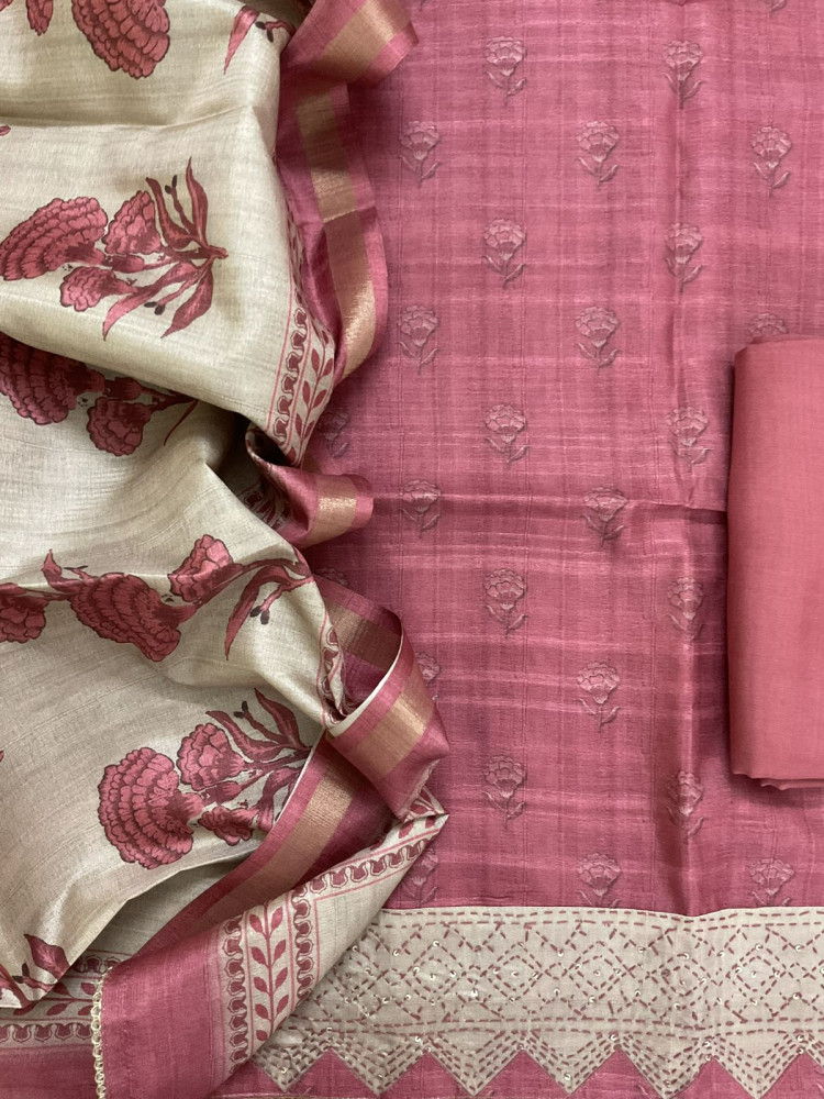 Image of Soft Semi Tussar Silk Printed Embroidered Suit - Pink