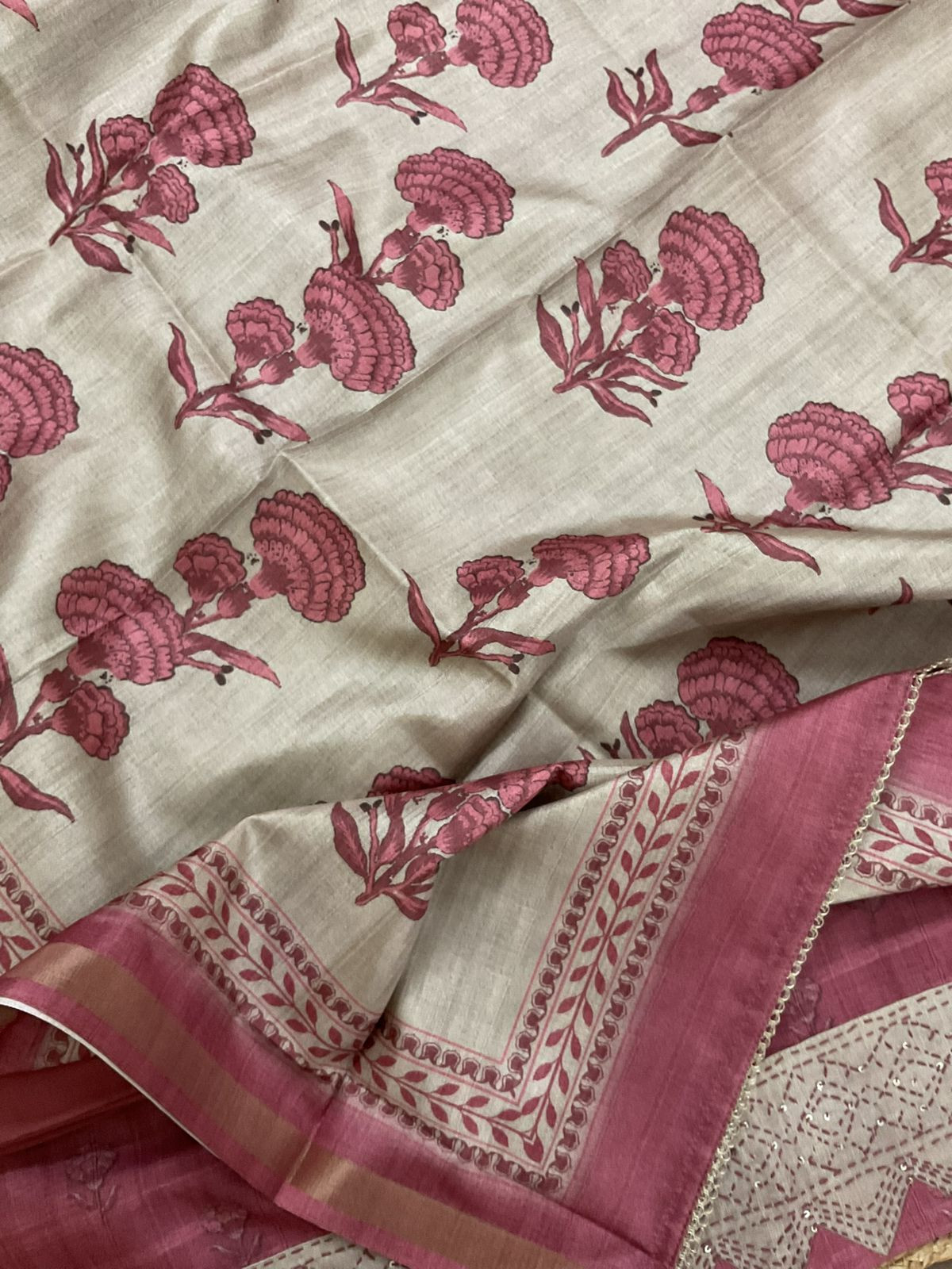 Soft Semi Tussar Silk Printed Embroidered Suit - Pink