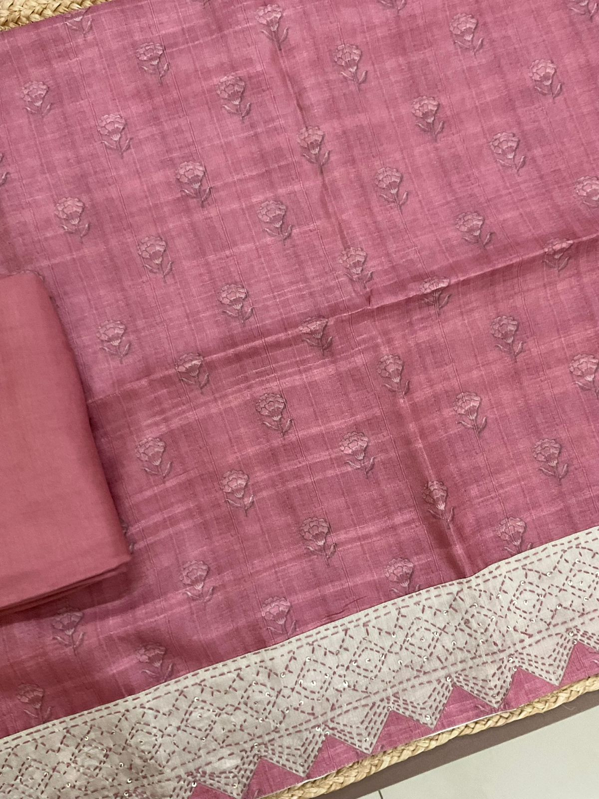 Soft Semi Tussar Silk Printed Embroidered Suit - Pink