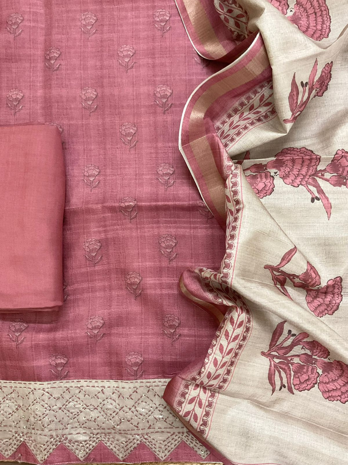 Soft Semi Tussar Silk Printed Embroidered Suit - Pink