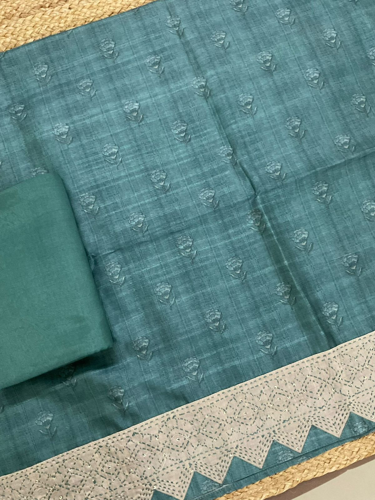 Soft Semi Tussar Silk Printed Embroidered Suit - Blue