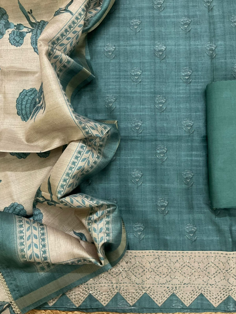 Image of Soft Semi Tussar Silk Printed Embroidered Suit - Blue