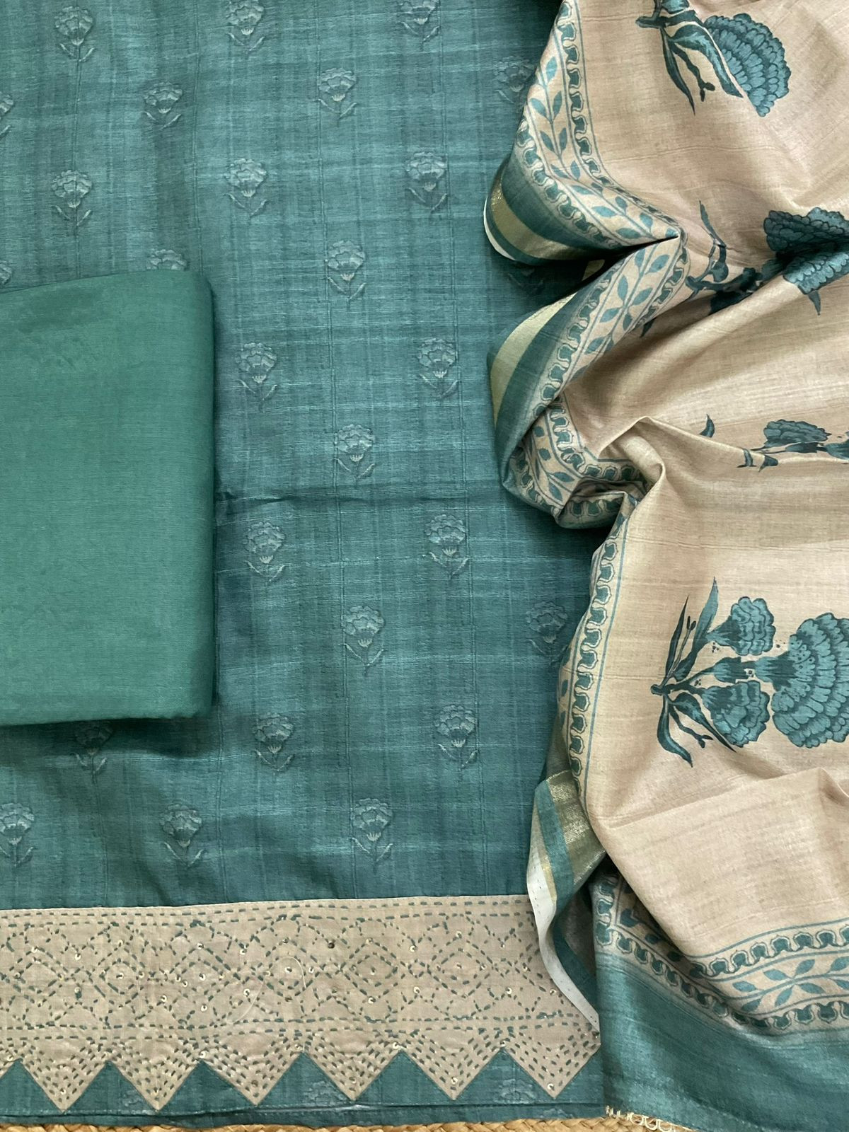 Soft Semi Tussar Silk Printed Embroidered Suit - Blue