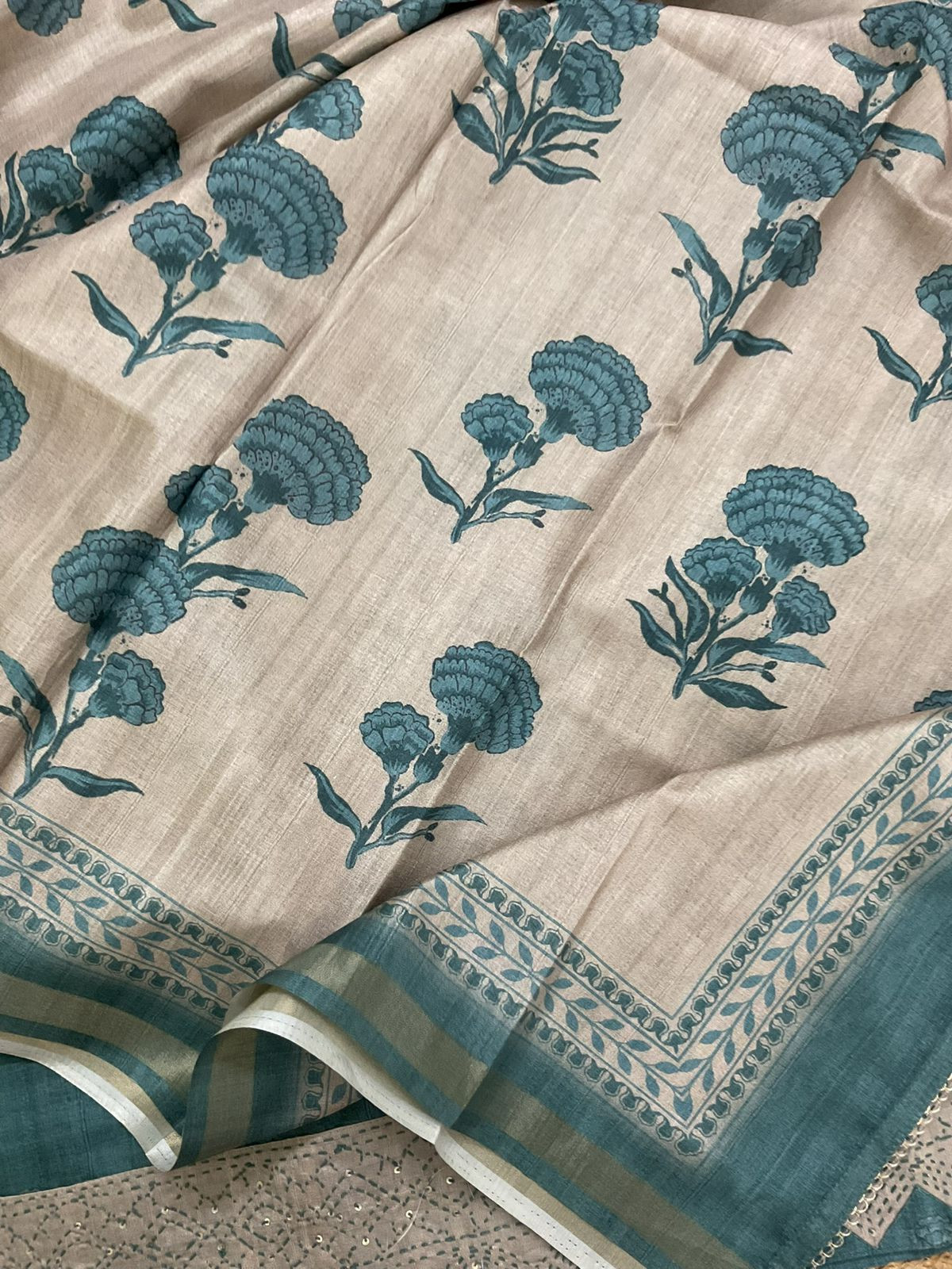 Soft Semi Tussar Silk Printed Embroidered Suit - Blue