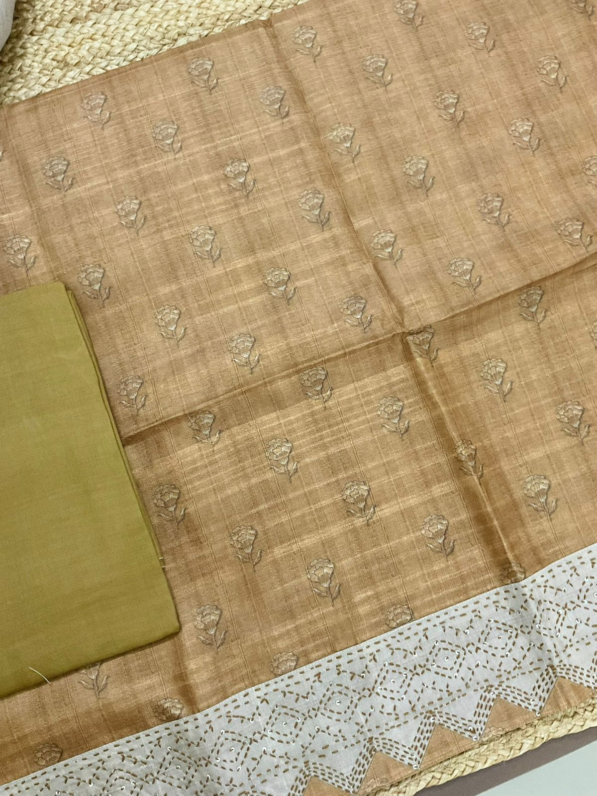 Soft Semi Tussar Silk Printed Embroidered Suit - Mustard