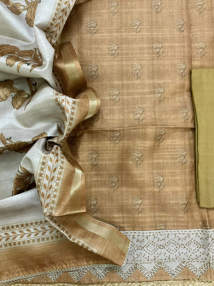 Image of Soft Semi Tussar Silk Printed Embroidered Suit - Mustard