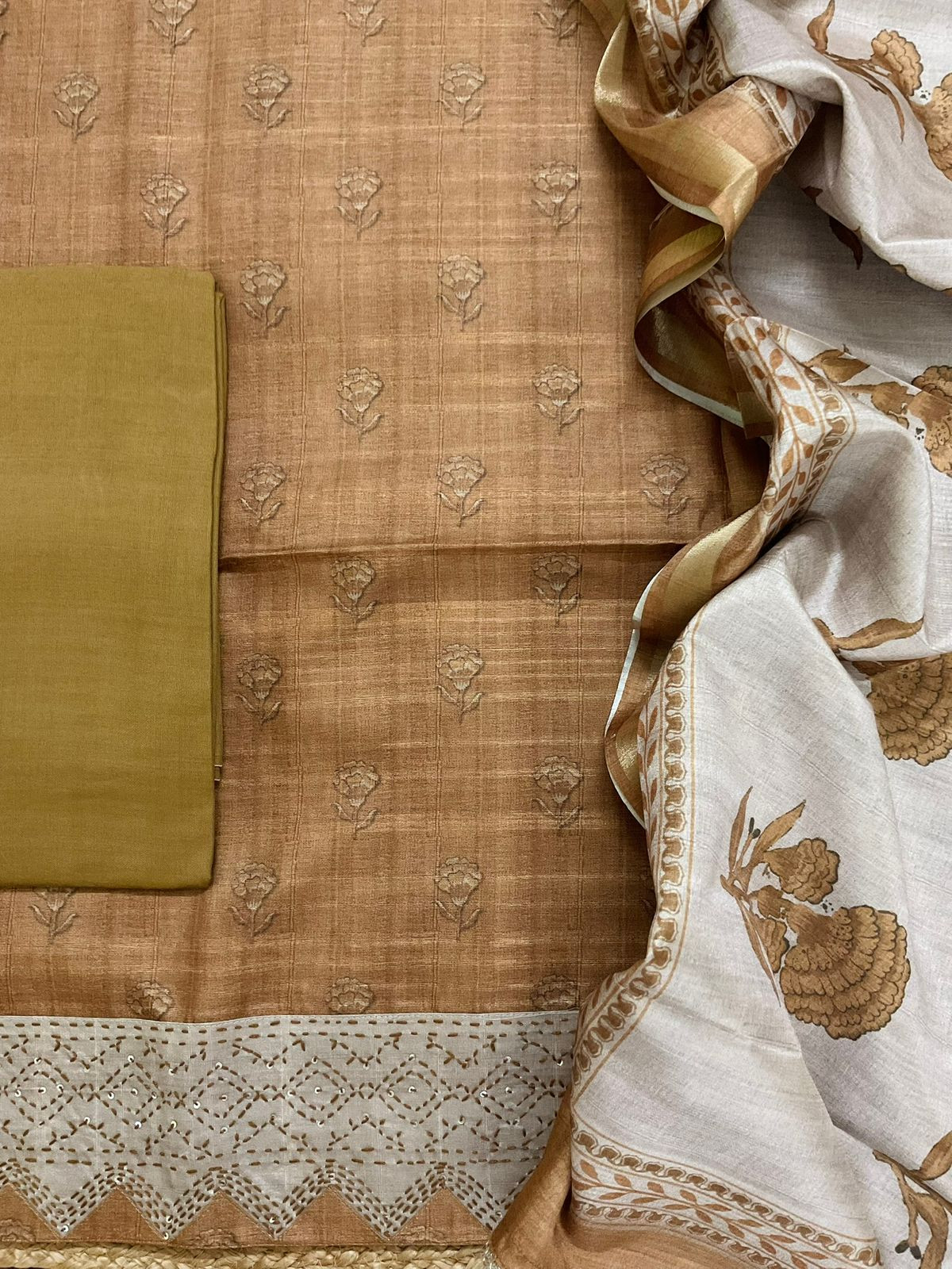 Soft Semi Tussar Silk Printed Embroidered Suit - Mustard