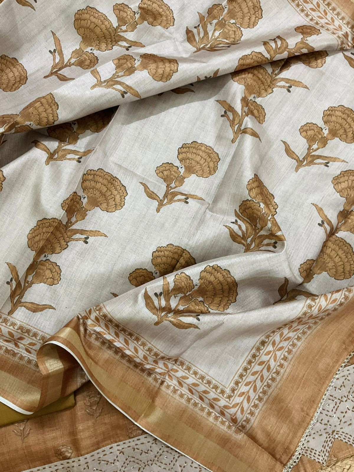 Soft Semi Tussar Silk Printed Embroidered Suit - Mustard