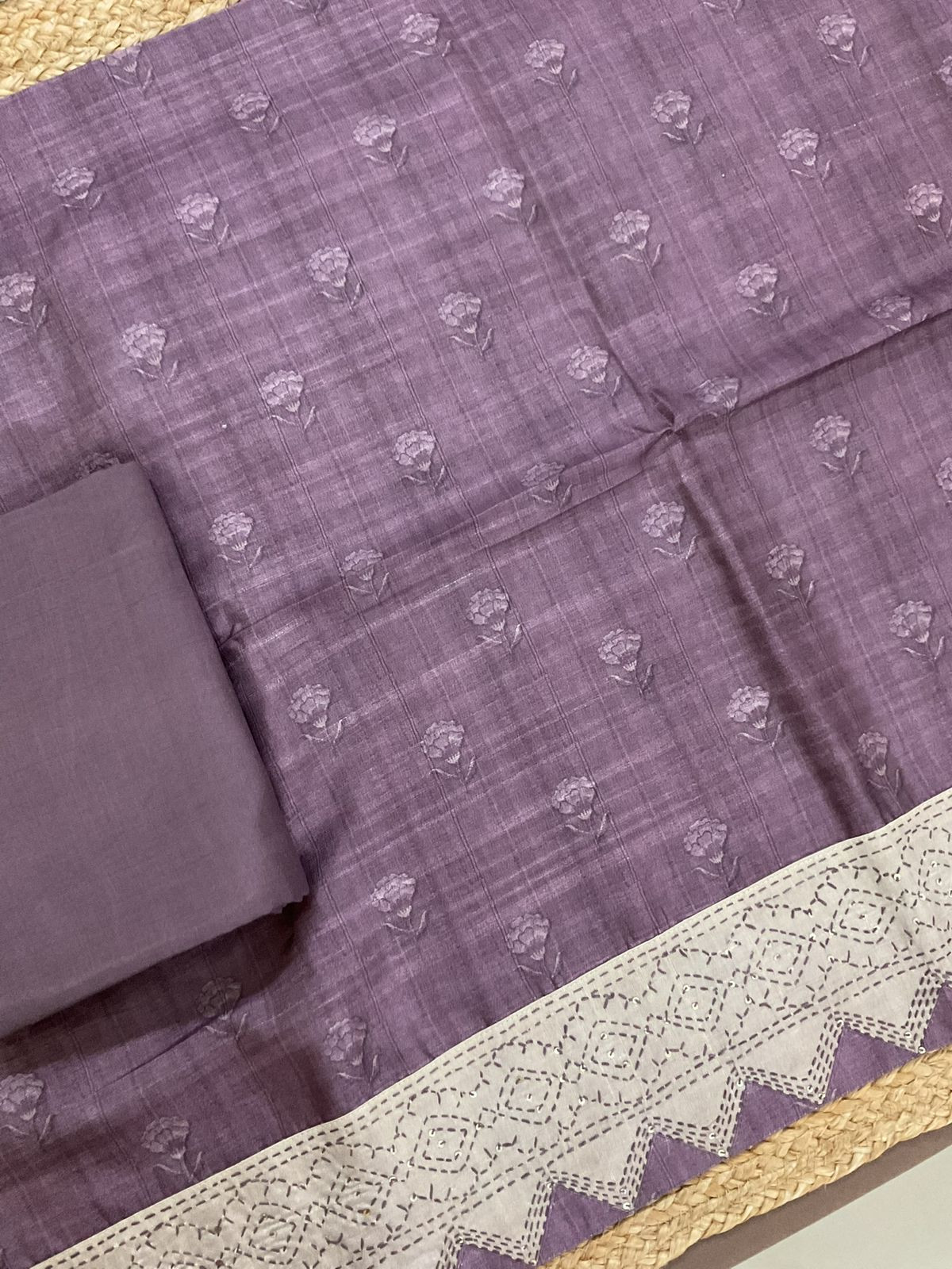 Soft Semi Tussar Silk Printed Embroidered Suit - Purple