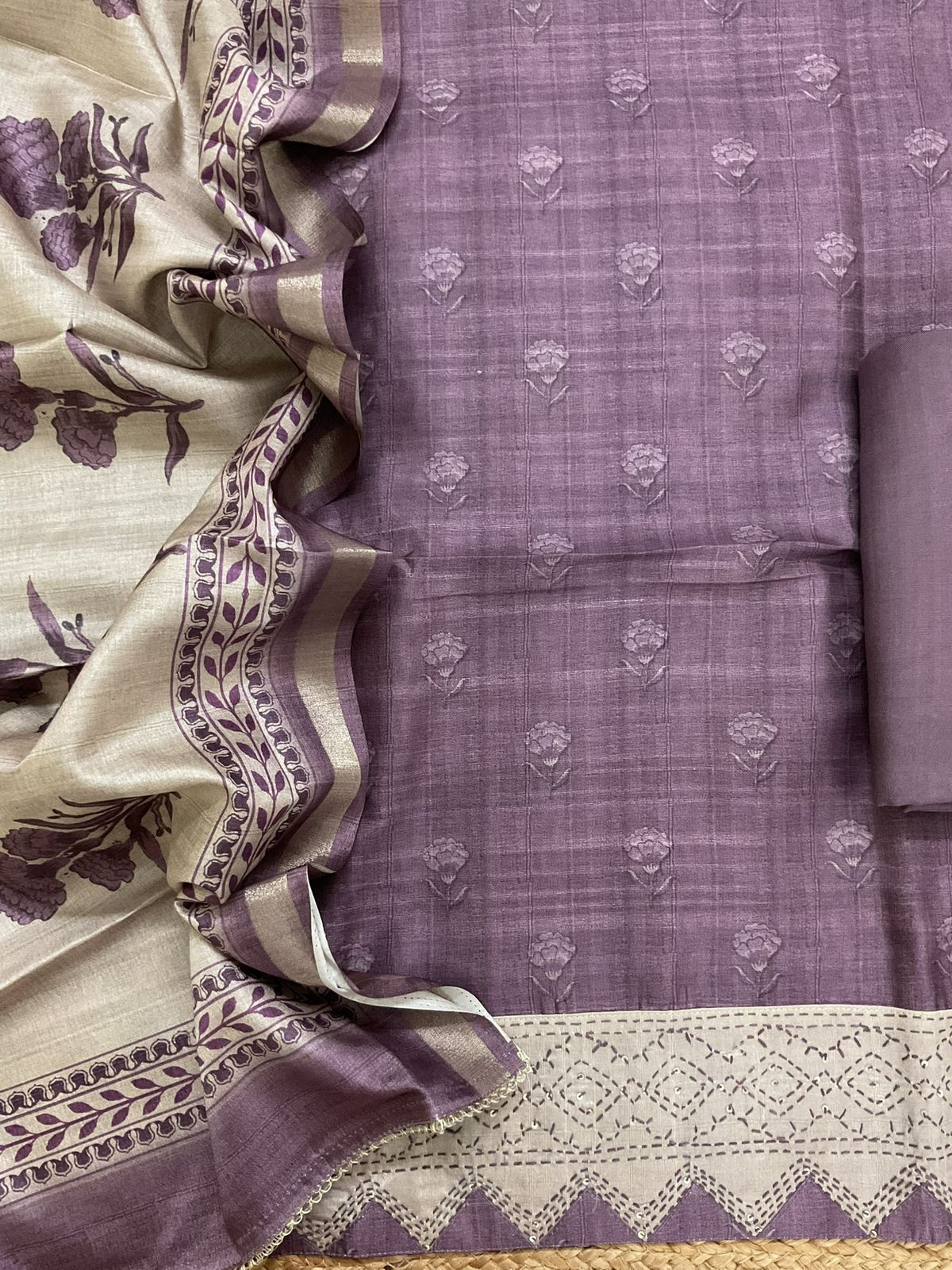 Soft Semi Tussar Silk Printed Embroidered Suit - Purple