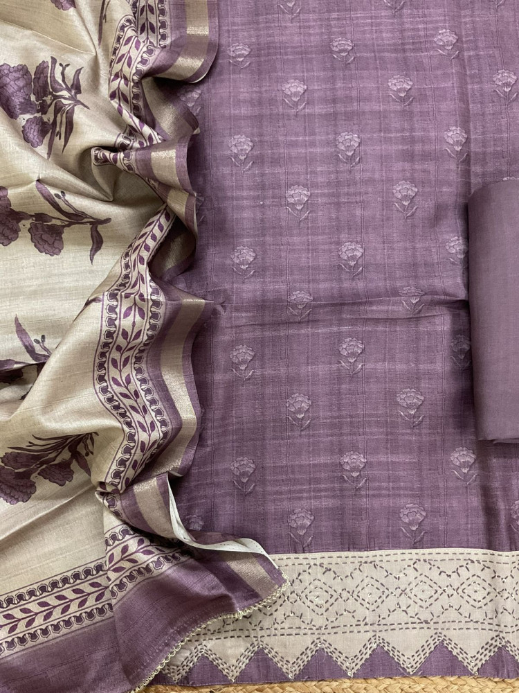 Image of Soft Semi Tussar Silk Printed Embroidered Suit - Purple
