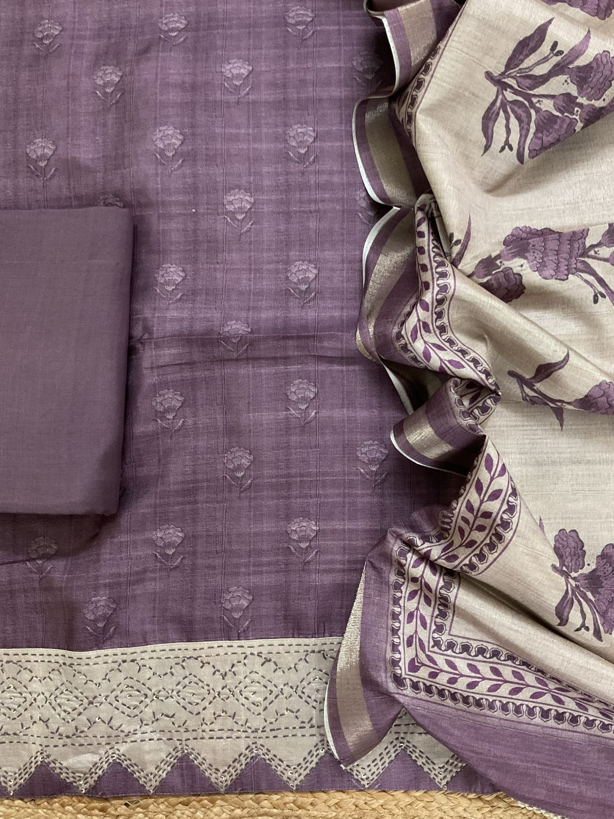 Soft Semi Tussar Silk Printed Embroidered Suit - Purple