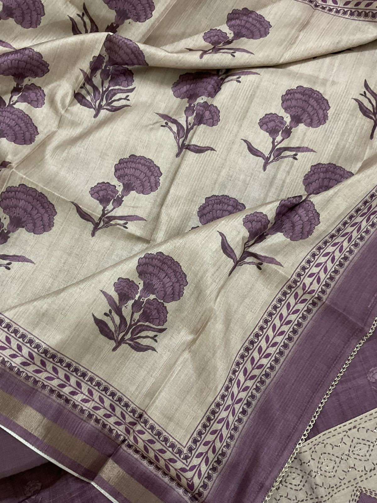 Soft Semi Tussar Silk Printed Embroidered Suit - Purple