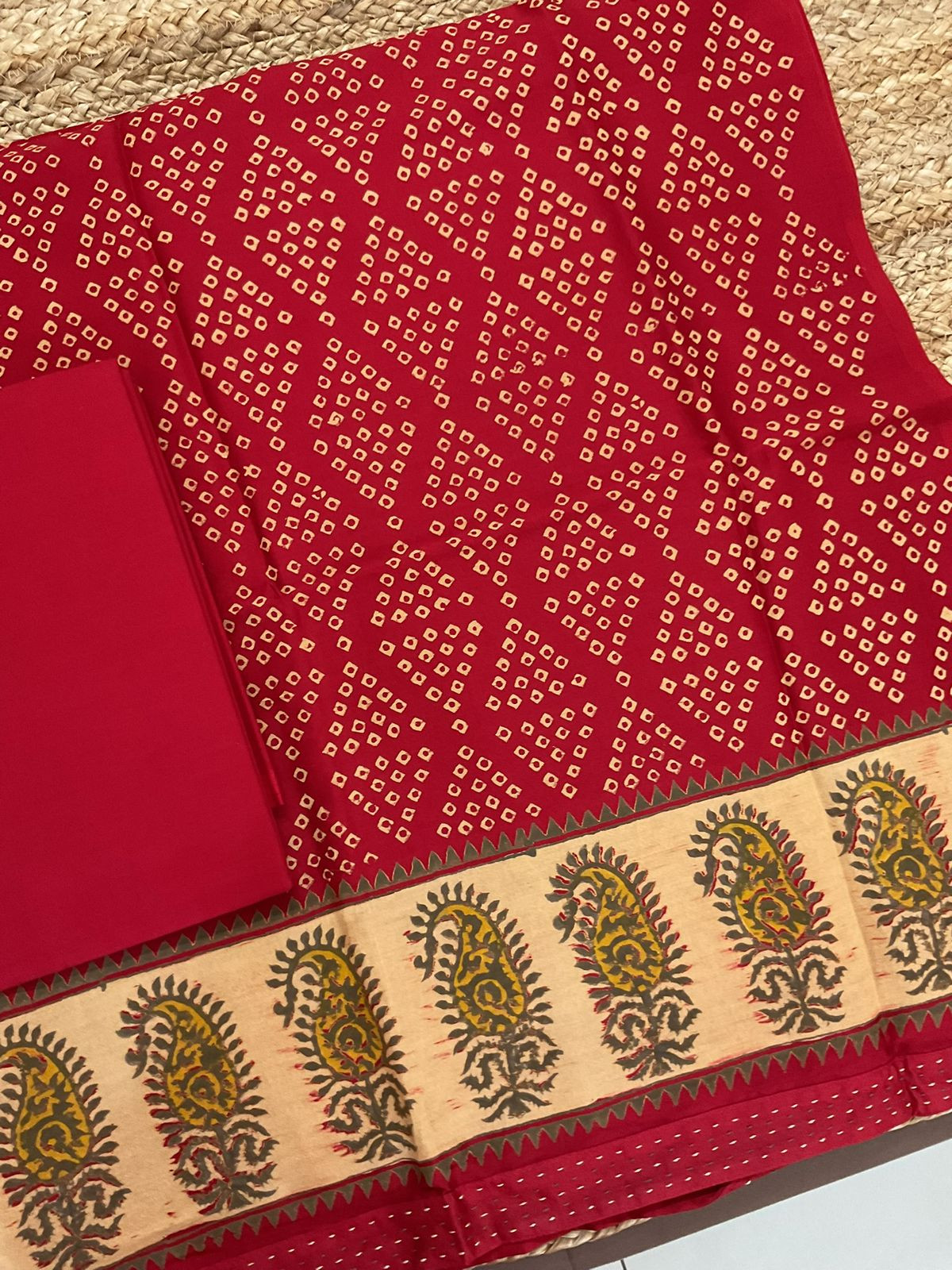 Soft Chanderi Printed Embroidered Border Suit - Red