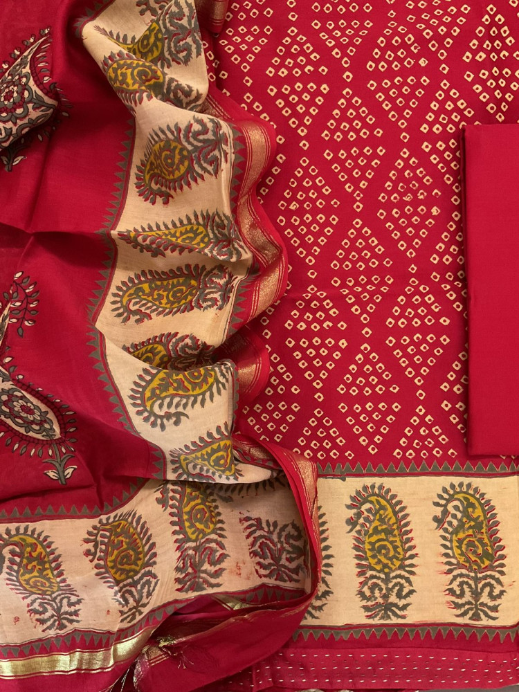 Image of Soft Chanderi Printed Embroidered Border Suit - Red