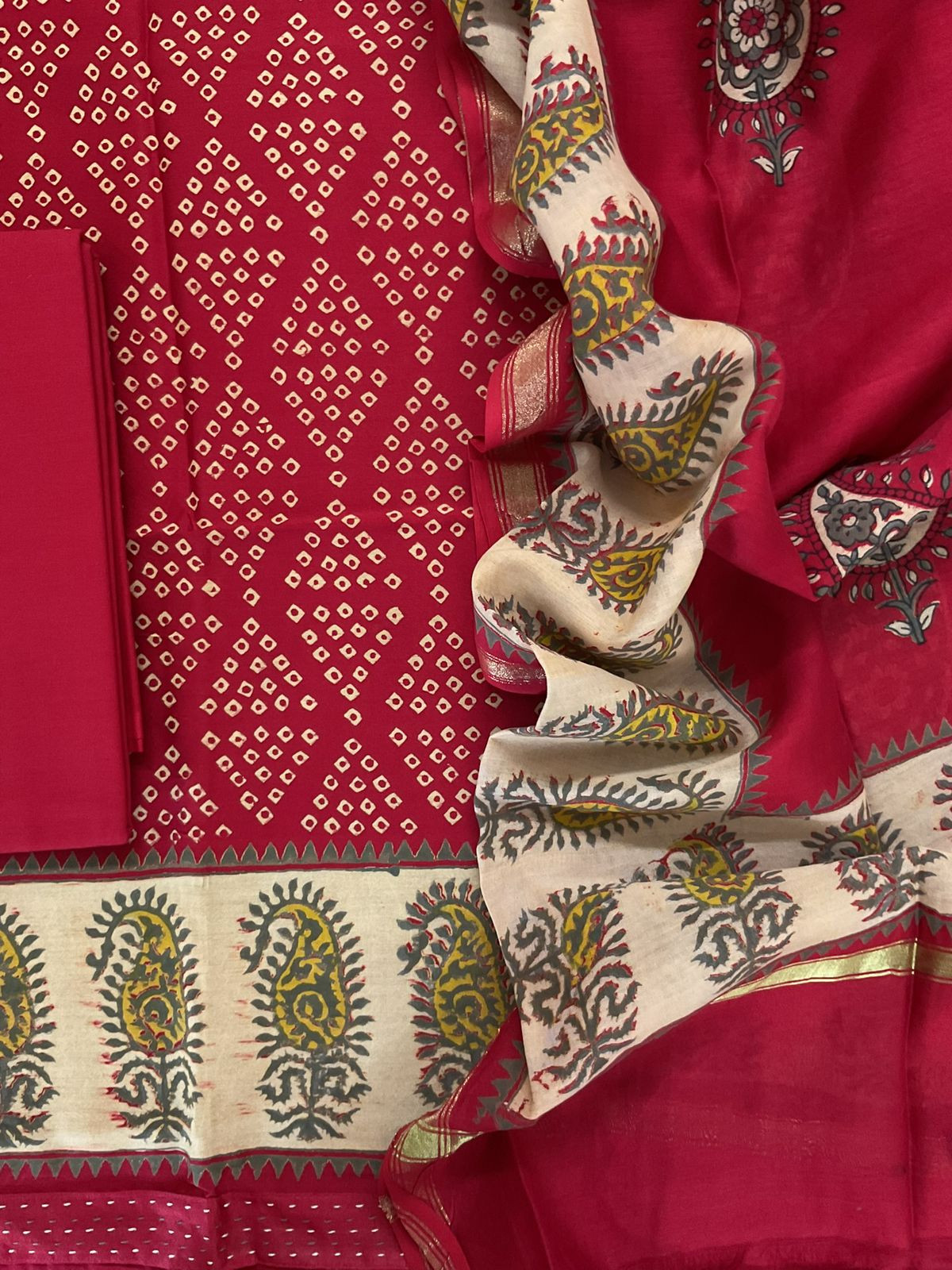 Soft Chanderi Printed Embroidered Border Suit - Red