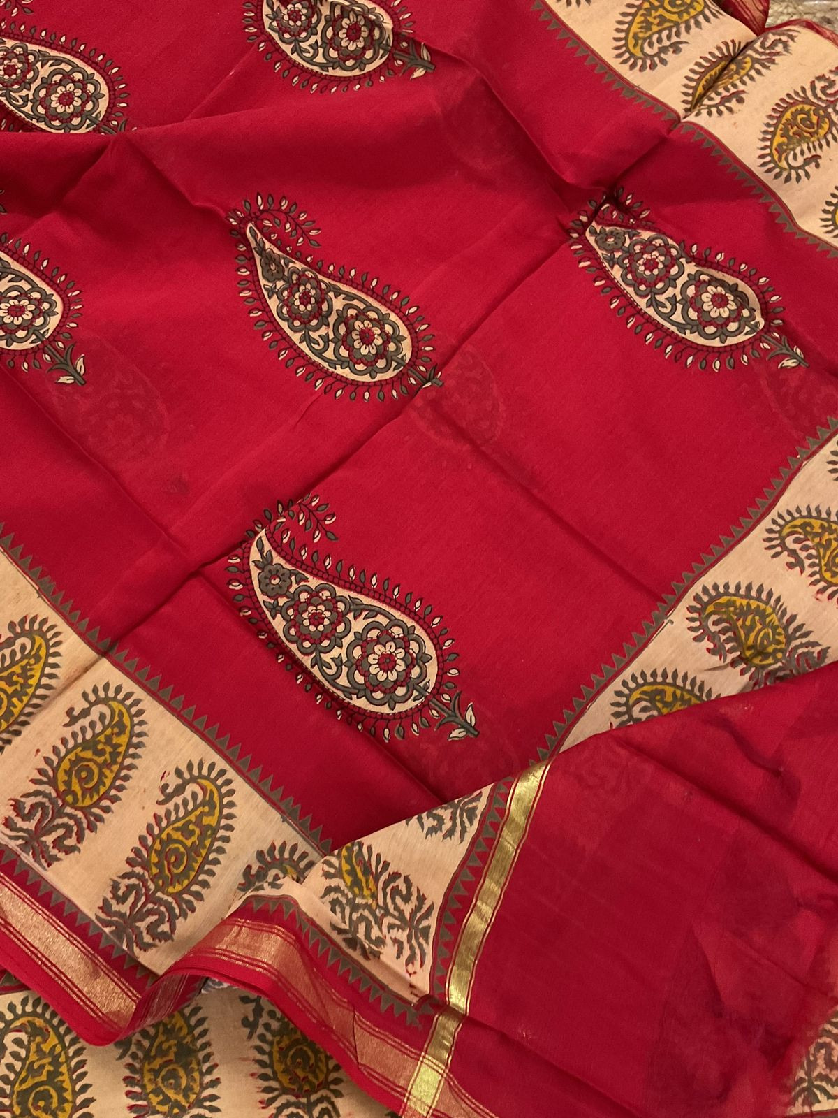 Soft Chanderi Printed Embroidered Border Suit - Red