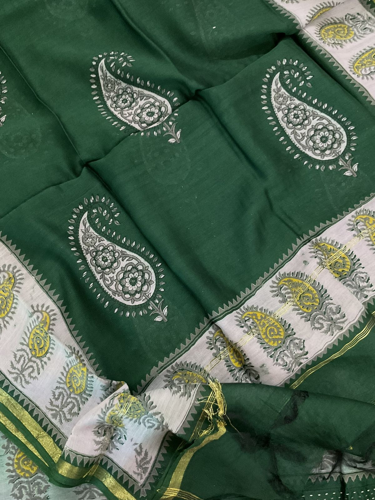 Soft Chanderi Printed Embroidered Border Suit - Green