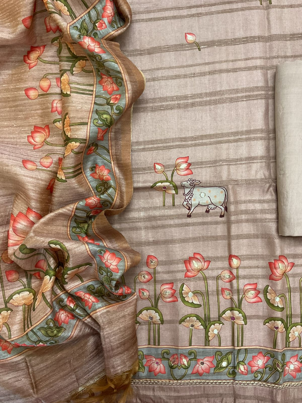 Soft Fine Raw Silk Printed Embroidered Suit - Beige