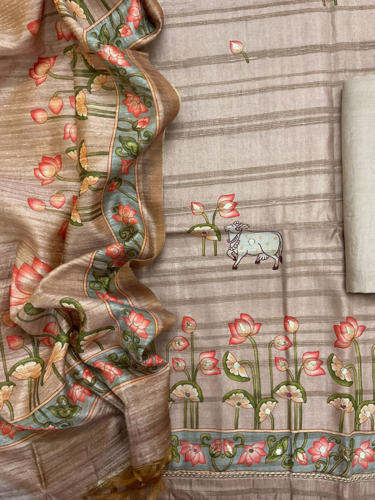 Image of Soft Fine Raw Silk Printed Embroidered Suit - Beige