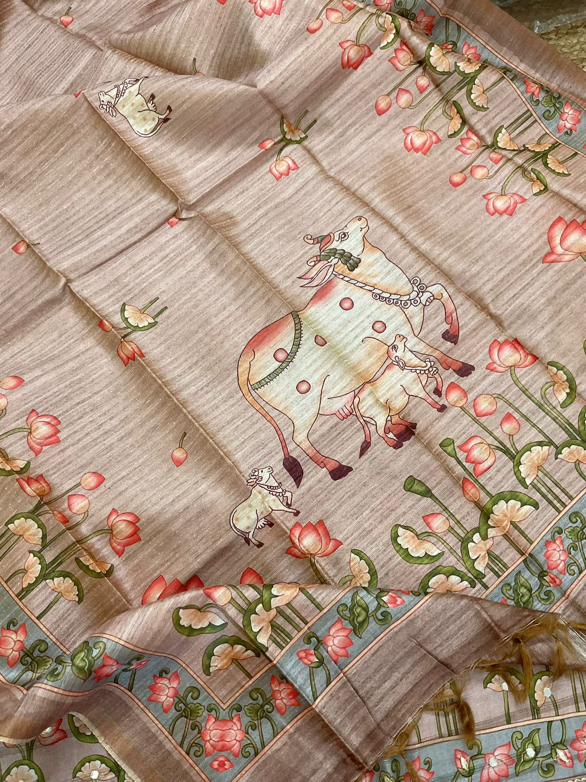 Soft Fine Raw Silk Printed Embroidered Suit - Beige