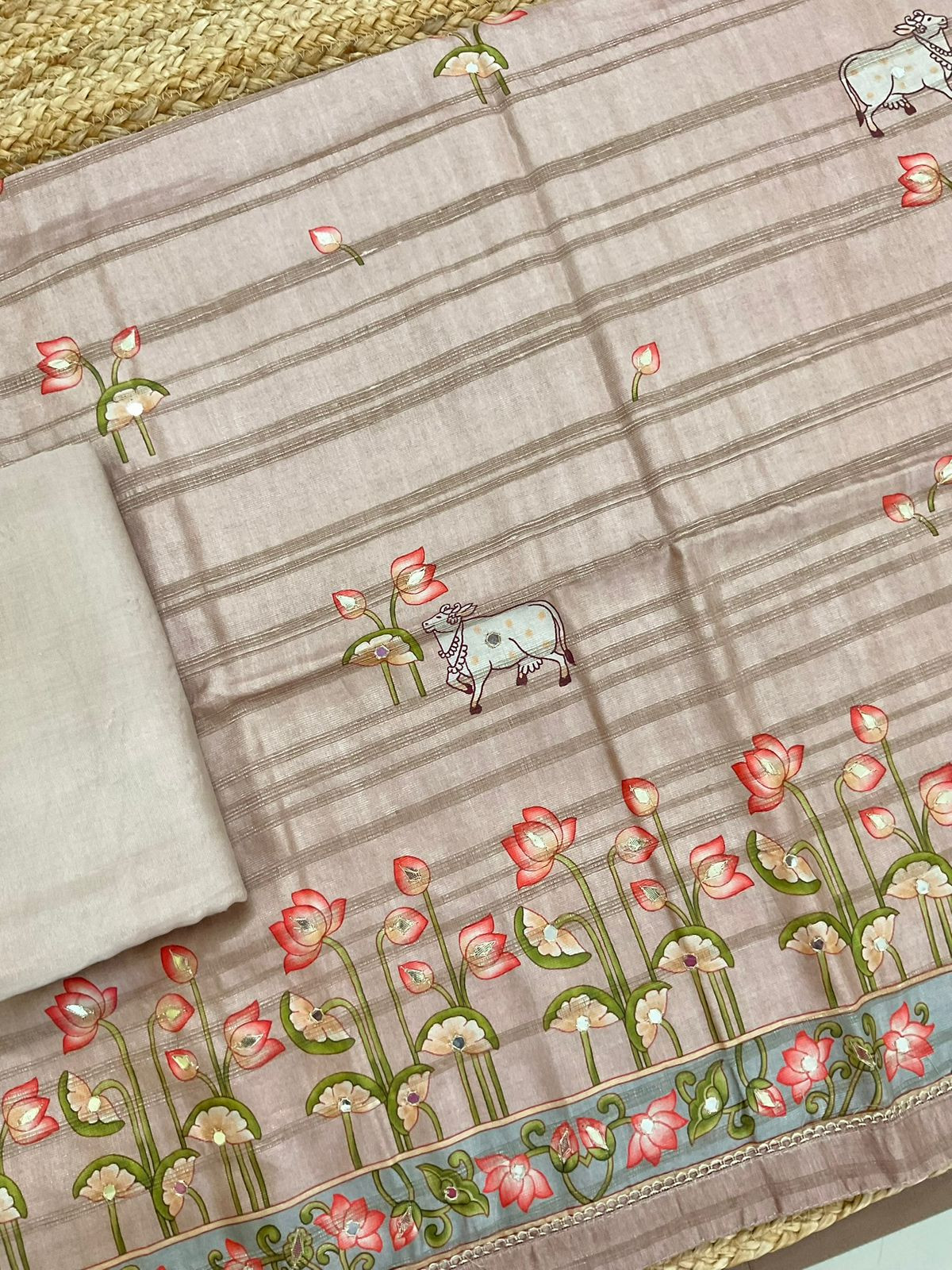 Soft Fine Raw Silk Printed Embroidered Suit - Beige