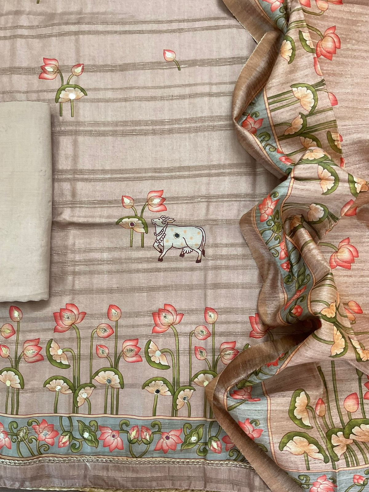 Soft Fine Raw Silk Printed Embroidered Suit - Beige