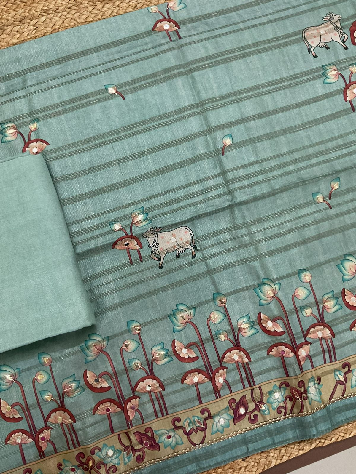 Soft Fine Raw Silk Printed Embroidered Suit - Blue