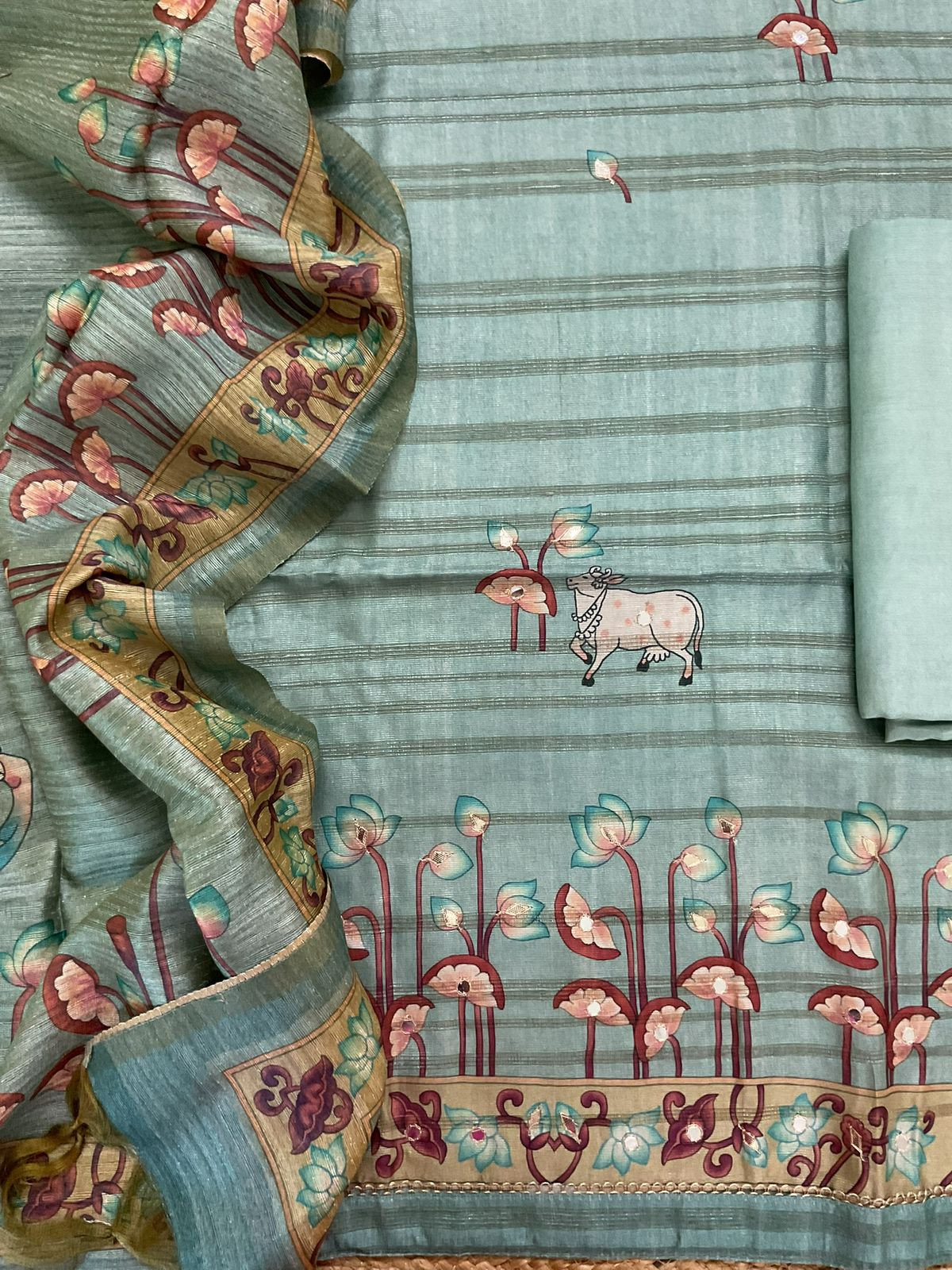 Soft Fine Raw Silk Printed Embroidered Suit - Blue