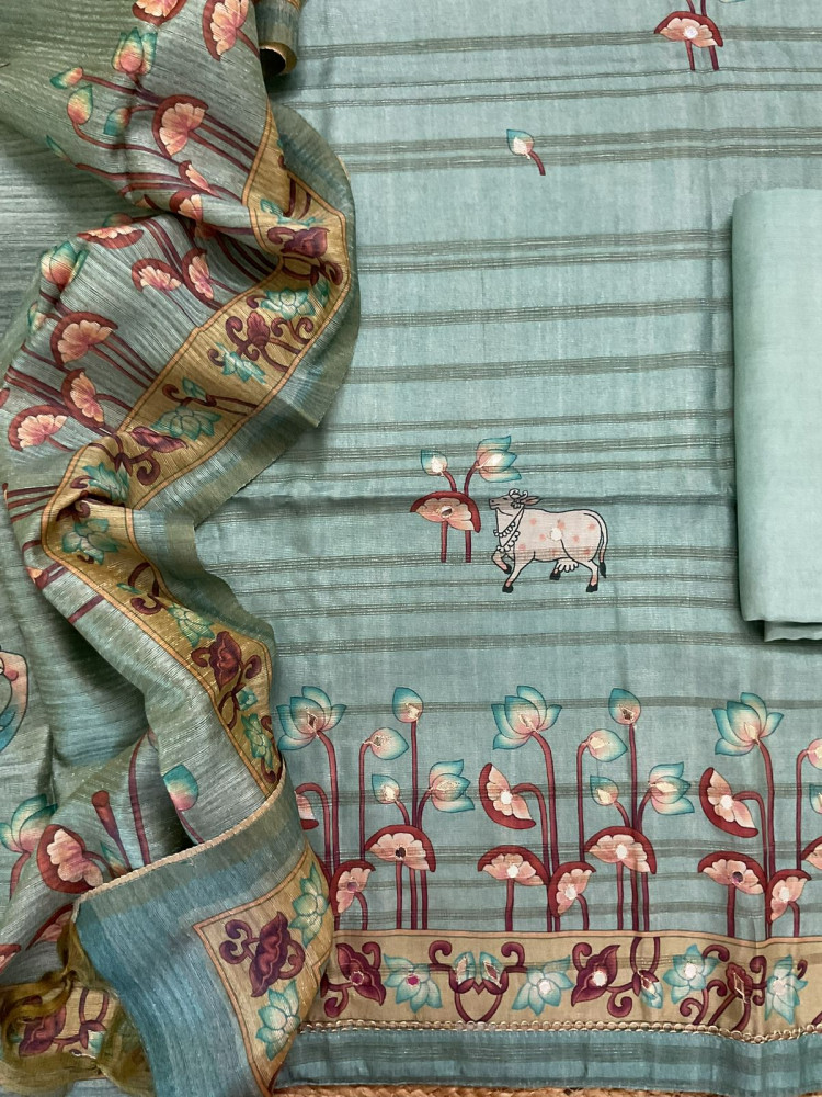 Image of Soft Fine Raw Silk Printed Embroidered Suit - Blue