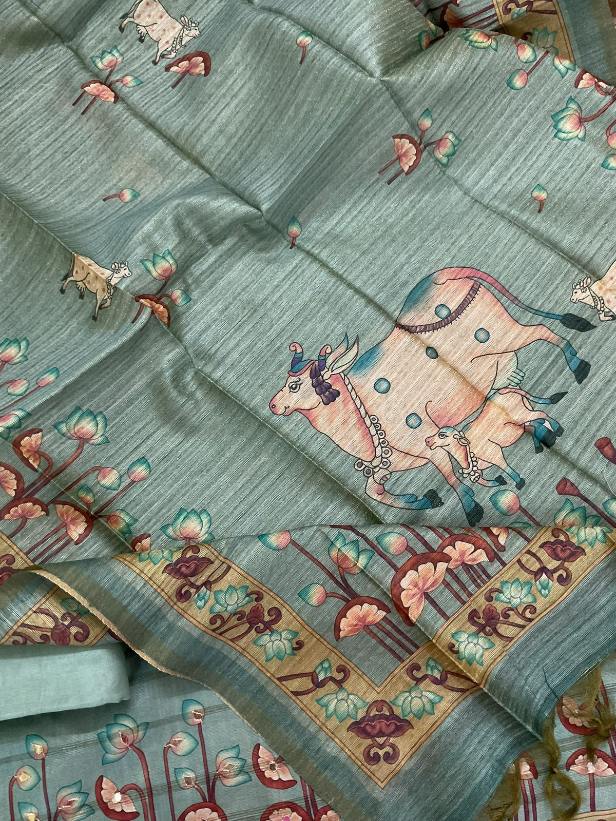 Soft Fine Raw Silk Printed Embroidered Suit - Blue