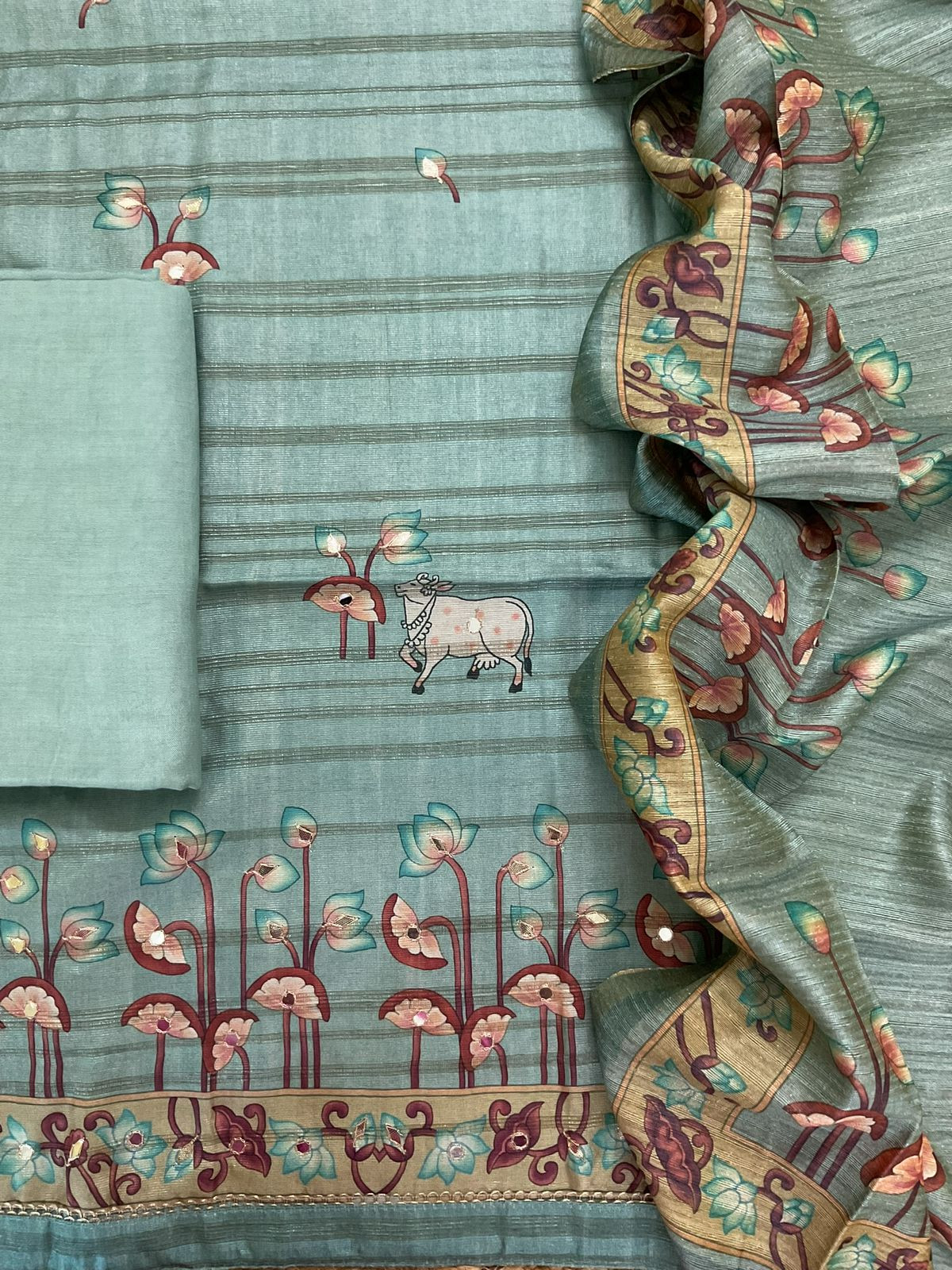 Soft Fine Raw Silk Printed Embroidered Suit - Blue