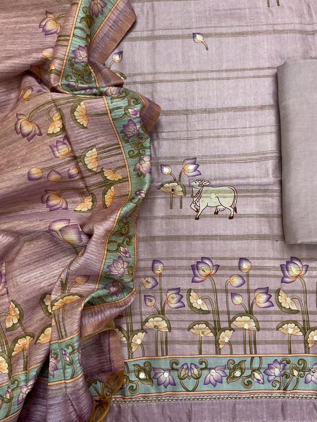 Soft Fine Raw Silk Printed Embroidered Suit - Purple