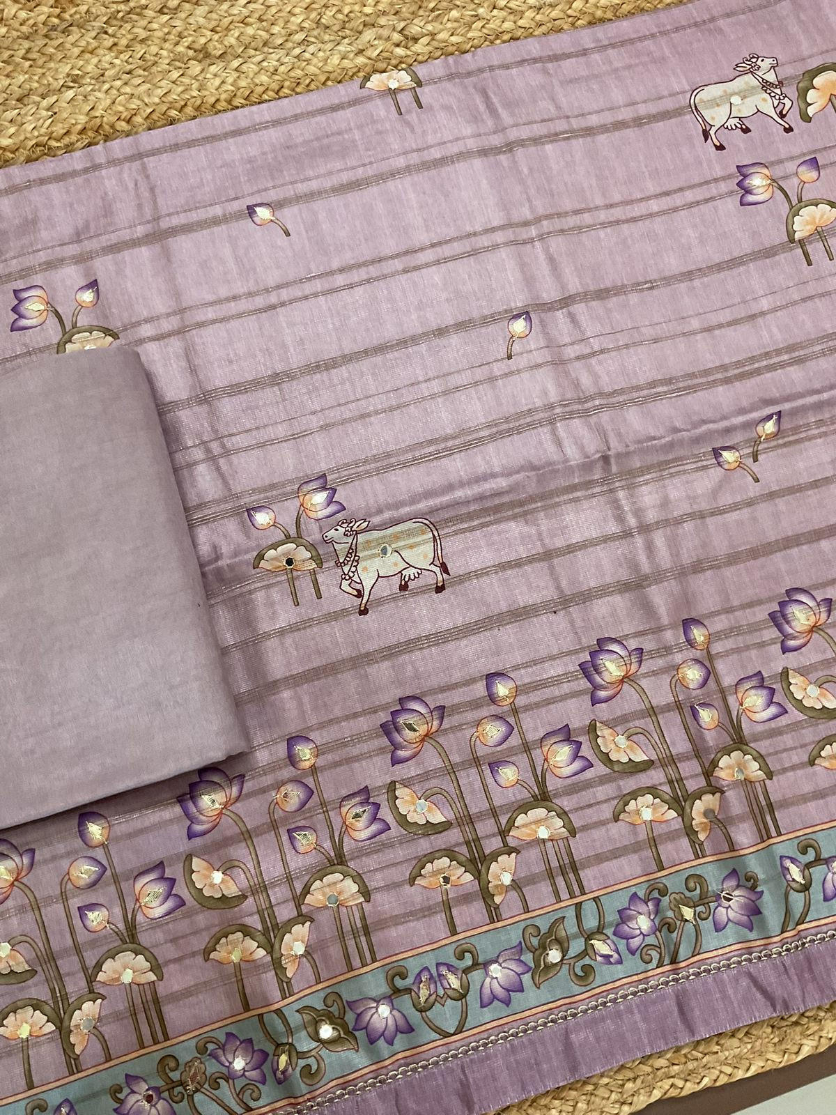 Soft Fine Raw Silk Printed Embroidered Suit - Purple