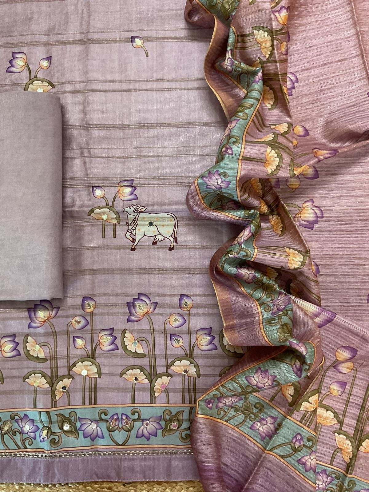 Soft Fine Raw Silk Printed Embroidered Suit - Purple