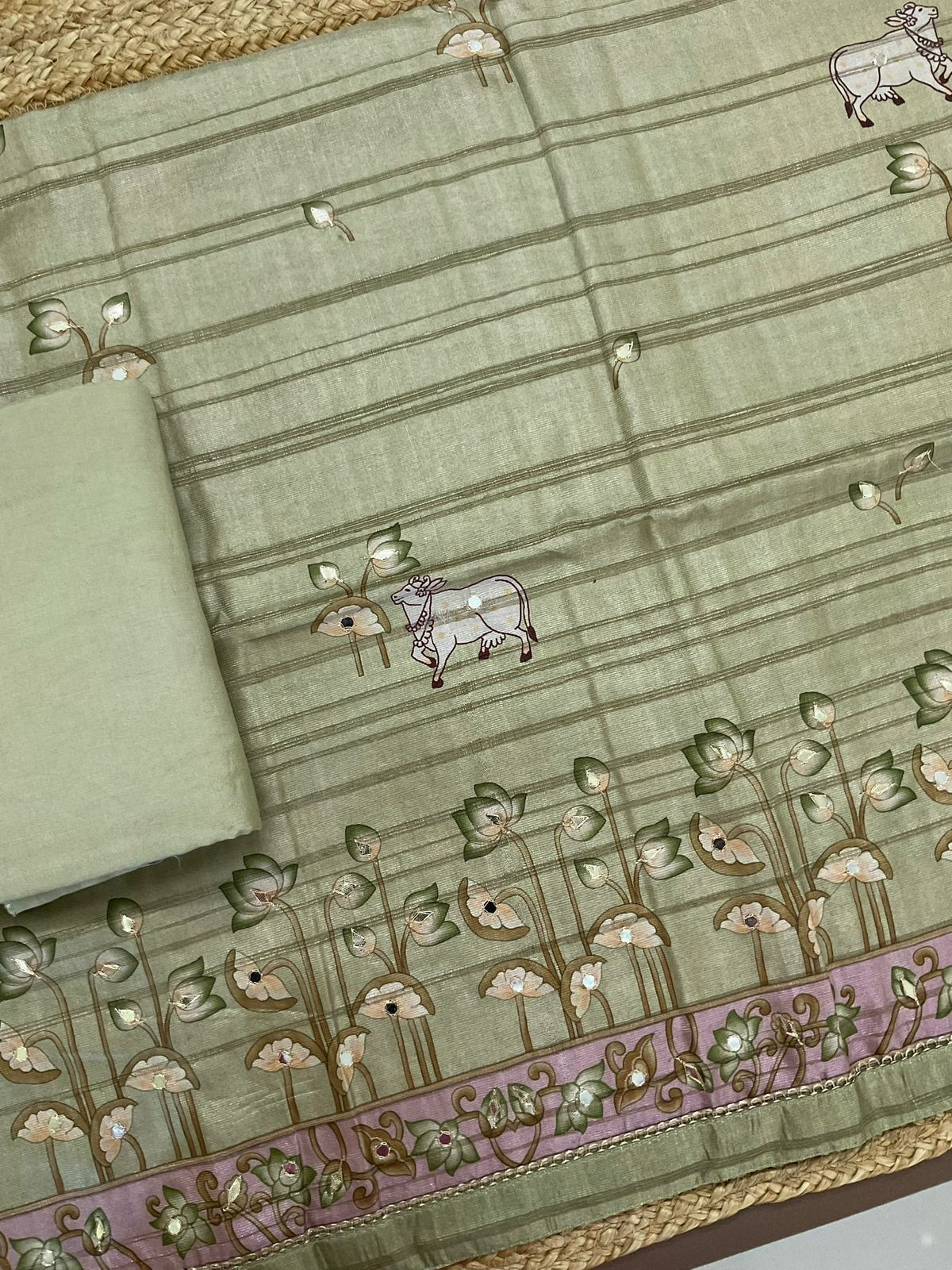 Soft Fine Raw Silk Printed Embroidered Suit - Green