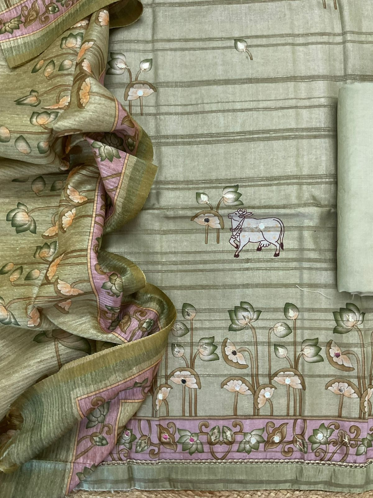 Soft Fine Raw Silk Printed Embroidered Suit - Green