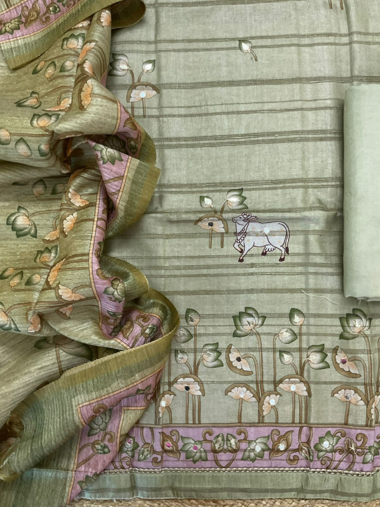 Image of Soft Fine Raw Silk Printed Embroidered Suit - Green