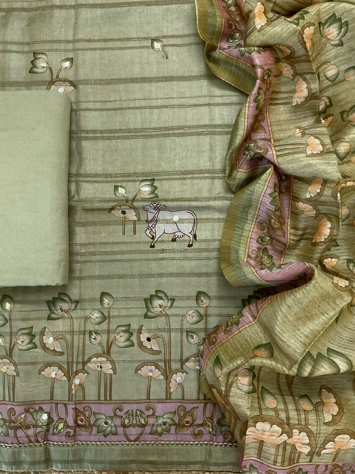Soft Fine Raw Silk Printed Embroidered Suit - Green