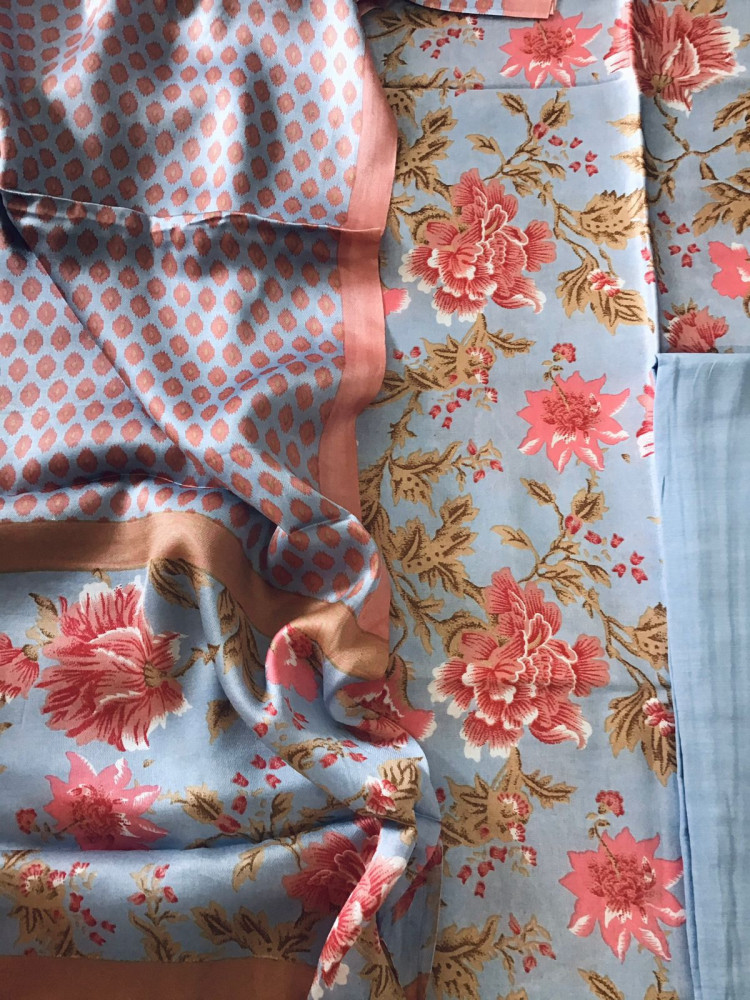 Image of Pure Satin Crepe Printed Suit - Blue