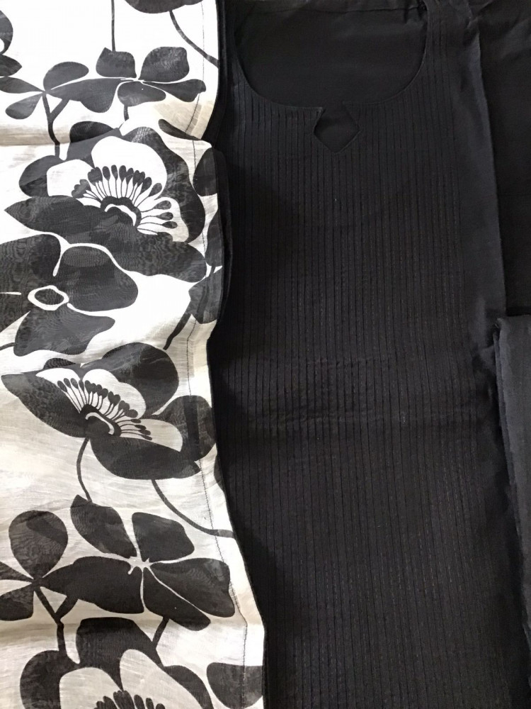 Image of Pure Cotton Silk Printed Embroidered Suit - Black