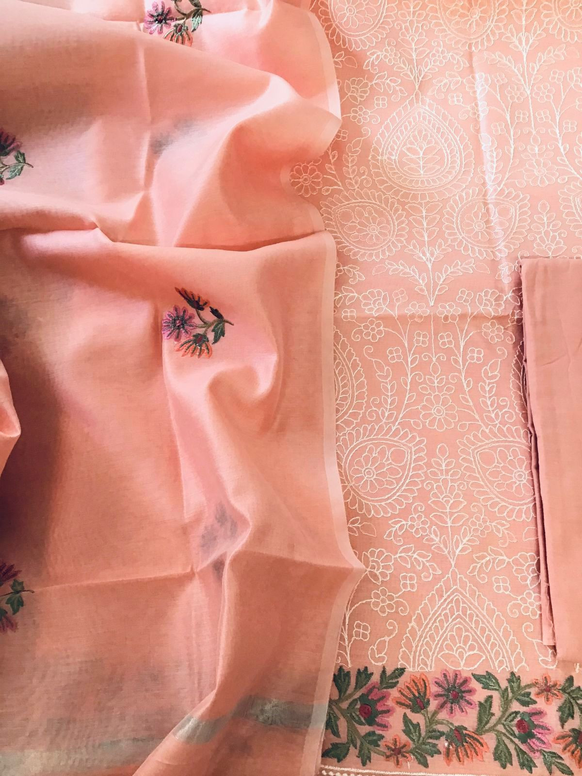 Soft Chanderi Embroidered Suit - Peach