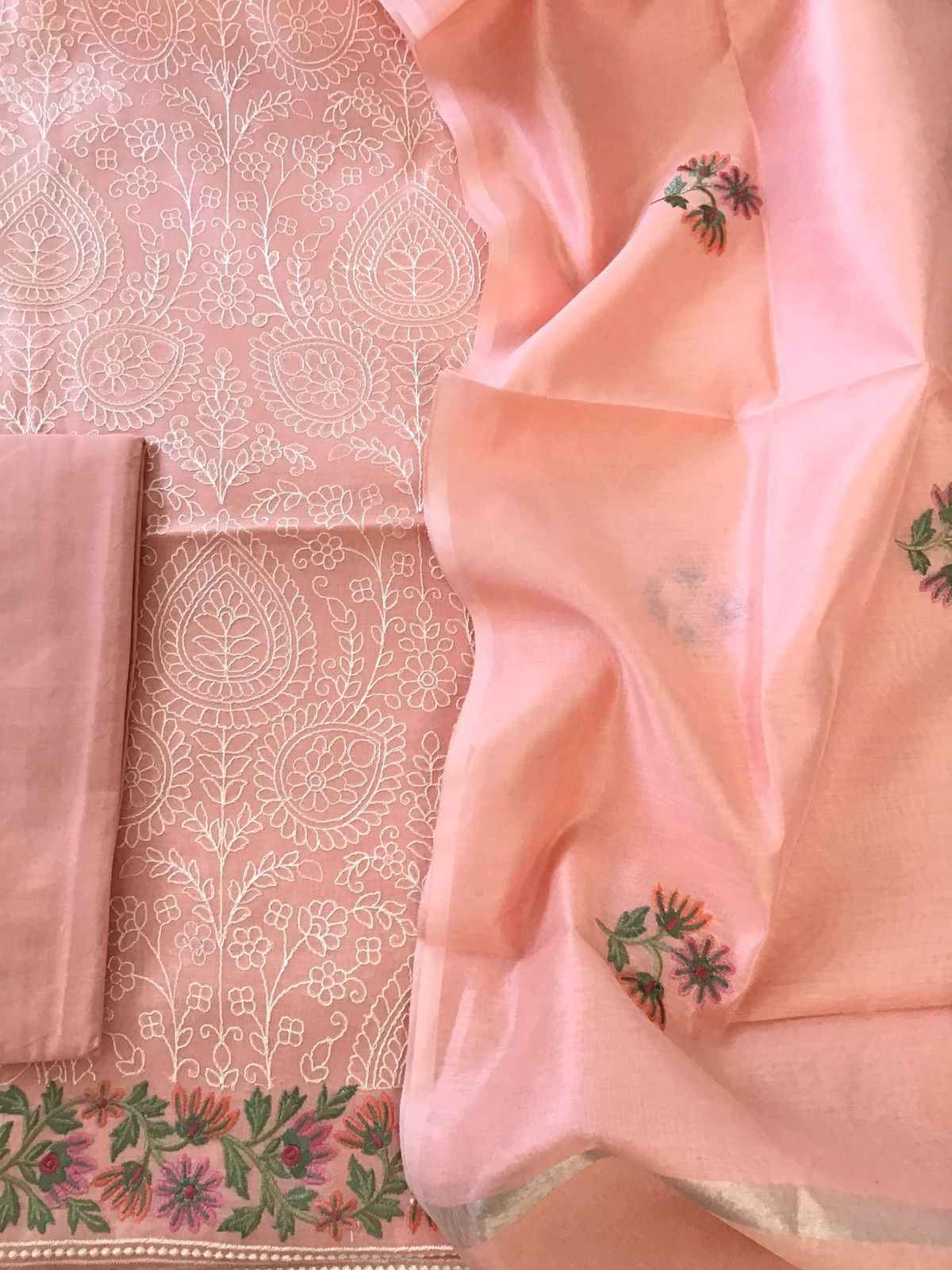 Soft Chanderi Embroidered Suit - Peach