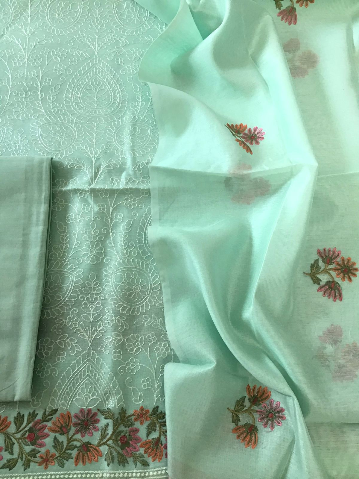 Soft Chanderi Embroidered Suit - Green