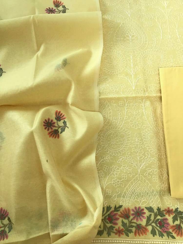 Image of Soft Chanderi Embroidered Suit - Yellow