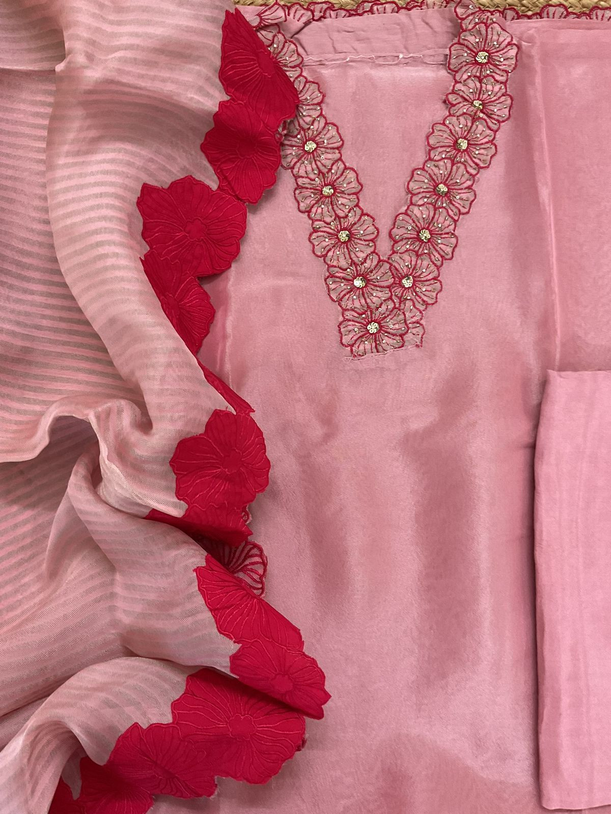 Pure Shimmer Silk Embroidered Suit - Pink