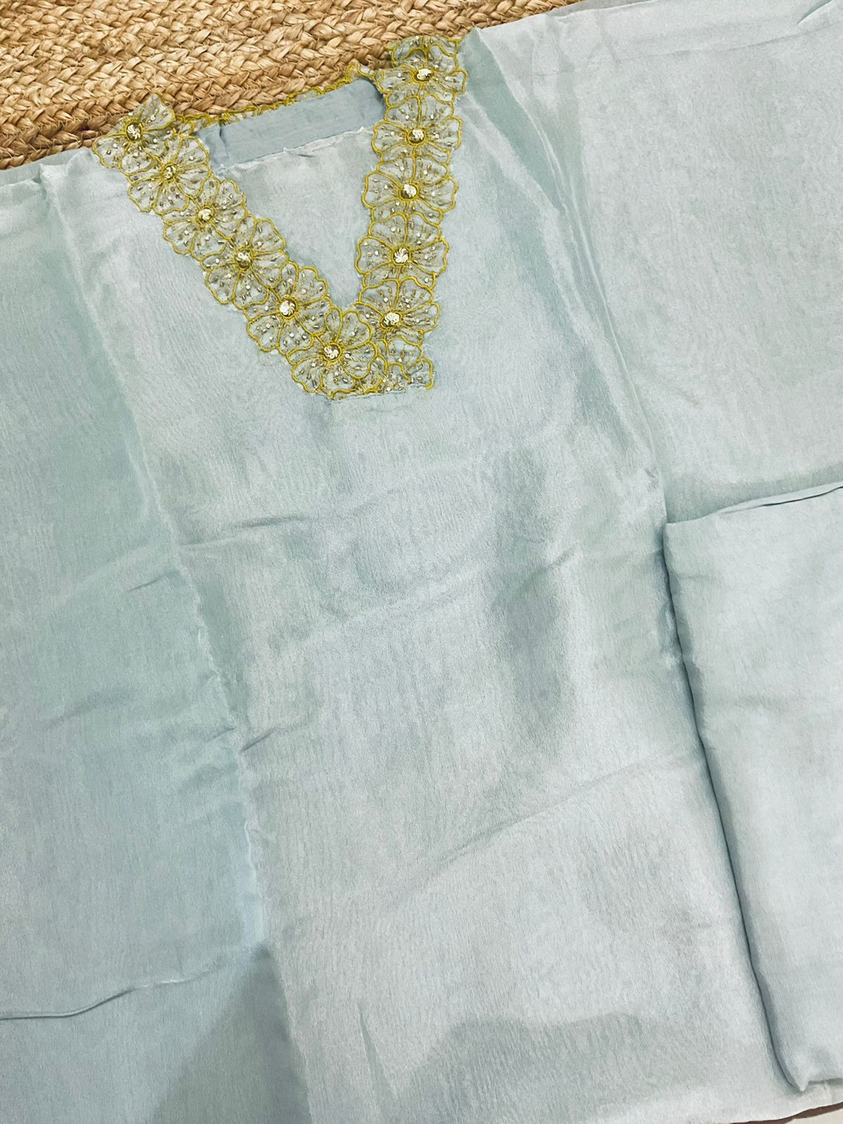 Pure Shimmer Silk Embroidered Suit - Blue